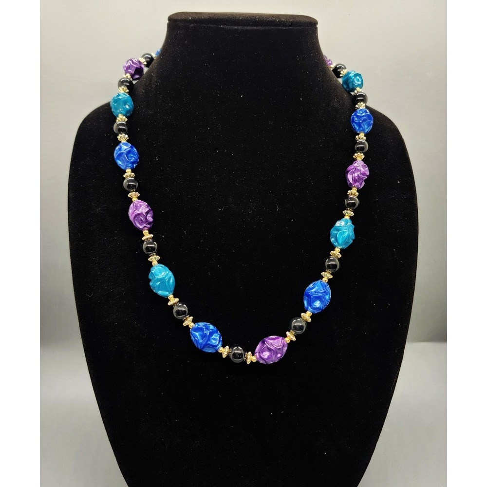 Multi-Color Carved Beaded Necklace Gold Tone Accents Statement Resin Jewelry
